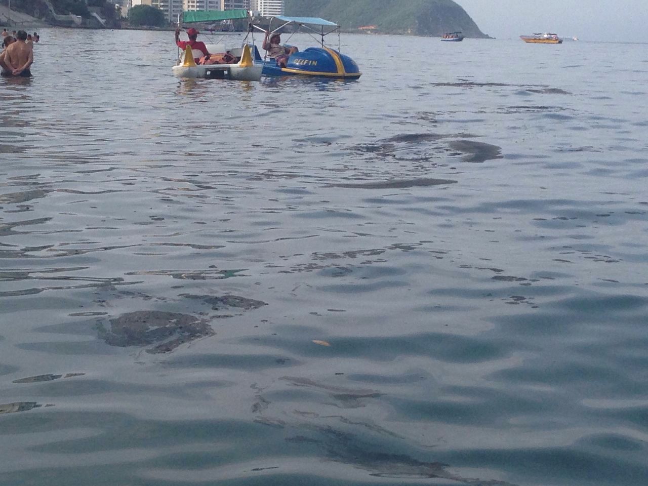 Los bañistas pasearon en bicicletas de mar en medio de la mancha negra. 