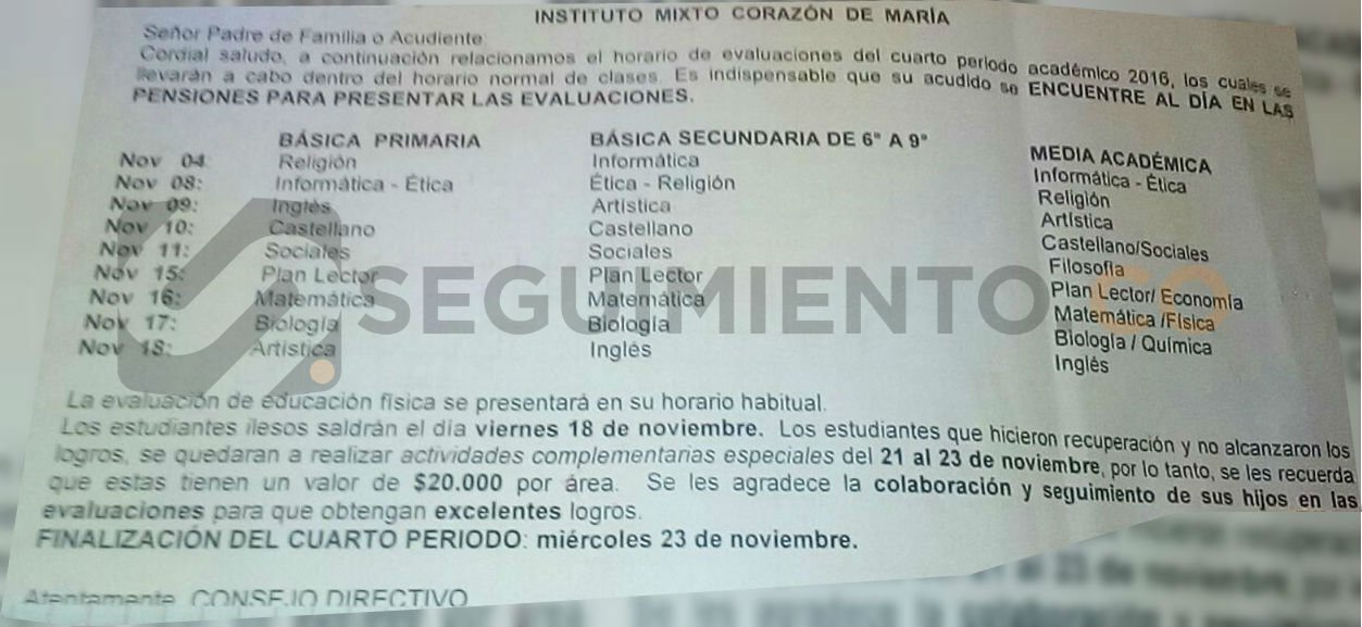 Esta es la circular que recibieron los padres de familia del Instituto Mixto Corazón de María.