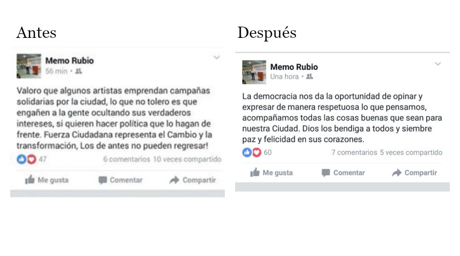 Este fue el 'antes y el después' de los mensajes en Facebook de Luis Guillermo Rubio, de Fuerza Ciudadana.