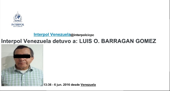 Interpol Venezuela Interpol Venezuela reportó en su página web la captura de Luis Orlando Barragán.