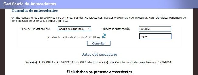 Seguimiento.co La cédula de Luis Orlando Barragán figura en la base de datos de la Procuraduría.
