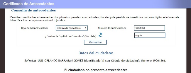 La cédula de Luis Orlando Barragán figura en la base de datos de la Procuraduría.