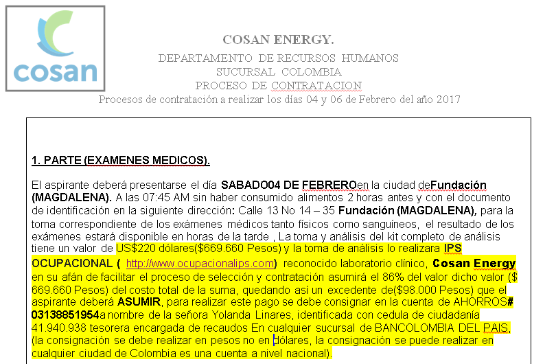 Este es el aparte donde se exige la consignación y se dan los datos para realizar el pago.