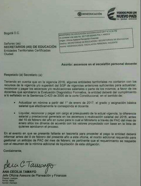 Carta enviada por el Ministerio de Educación Nacional