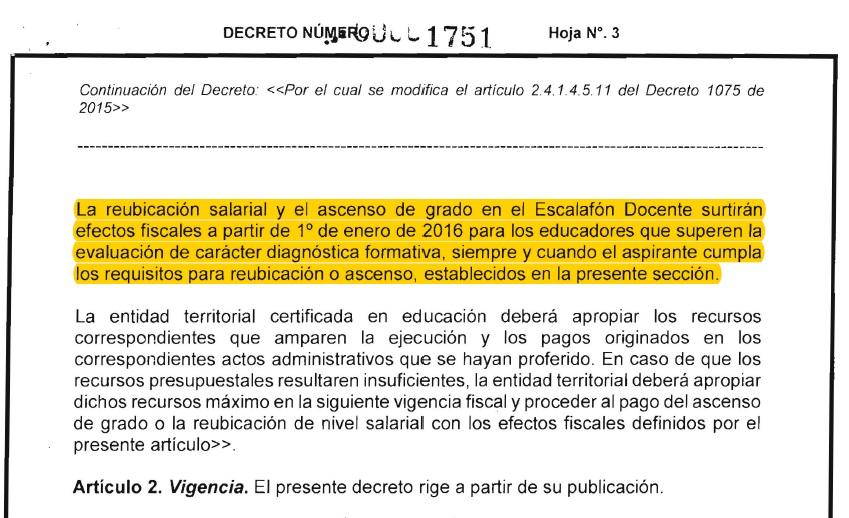 Extracto del Decreto 1751 del 3 de noviembre 2016