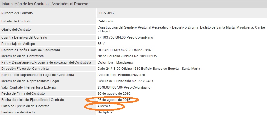 Según el Secop, la obra solo tenía un plazo de 4 meses para construirla.