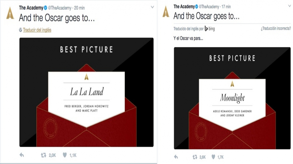La Academia de los Óscar también cometió el error en su cuenta de Twitter. Primero anunciando a "La La Land" y después corrigiendo con 'Moonlight'.