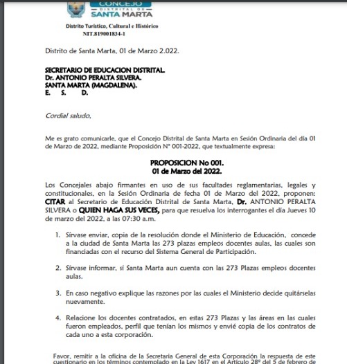 Proposición presentada por el Concejo a la Secretaría de Educación.