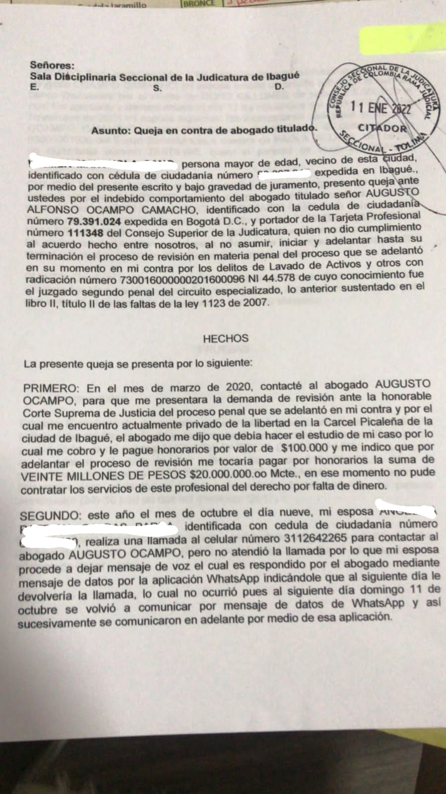 Por la queja interpuesta en su contra, Ocampo señaló que no le devolvería el dinero