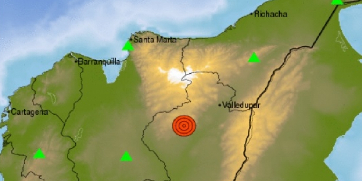 Red Simológica. El punto rojo muestra el epicentro del sismo ocurrido esta madrugada en el Cesar.