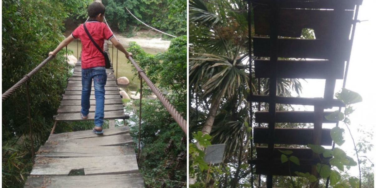 Seguimiento.co El puente colgante pone en riesgo la vida de los niños que transitan por el sector.