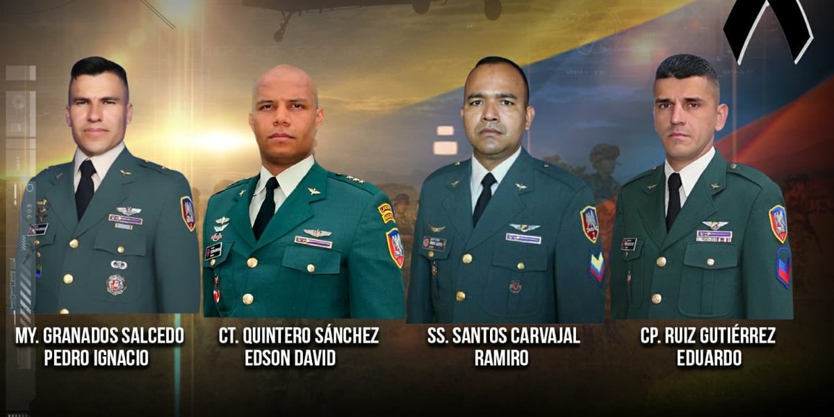 Twitter: @COMANDANTE_EJC Los fallecidos son:Mayor Pedro Granados, Capitán David Quintero, Sargento Ramiro Santos y Cabo Eduardo Gutiérrez.