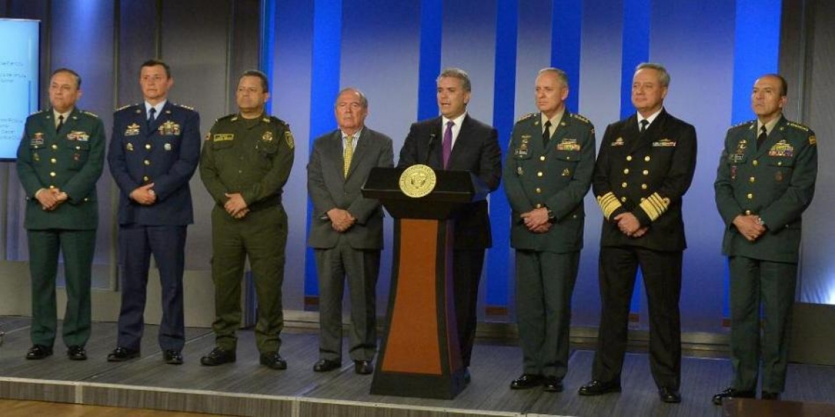 Presidencia El presidente Iván Duque anunció los cambios acompañado de los comandantes salientes y el Ministro de Defensa.