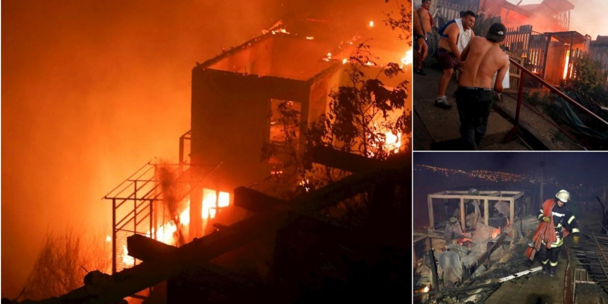 EFE Varias personas intentan sofocar las llamas en sus viviendas que se han visto afectadas por un incendio forestal que alcanzó ayer en Valparaíso.