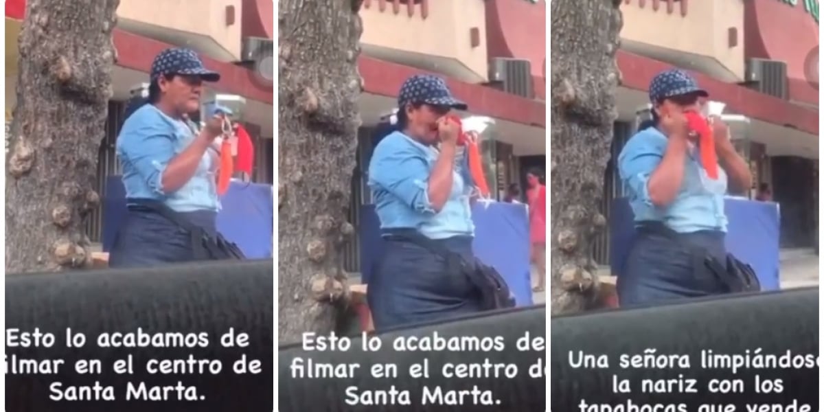 Valentina Ocampo La mujer fue captada en la avenida Campo Serrano soplándose la nariz con los tapabocas que vende.