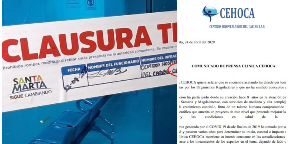 Alcaldía de Santa Marta La Clínica Cehoca fue cerrada el 23 de abril.
