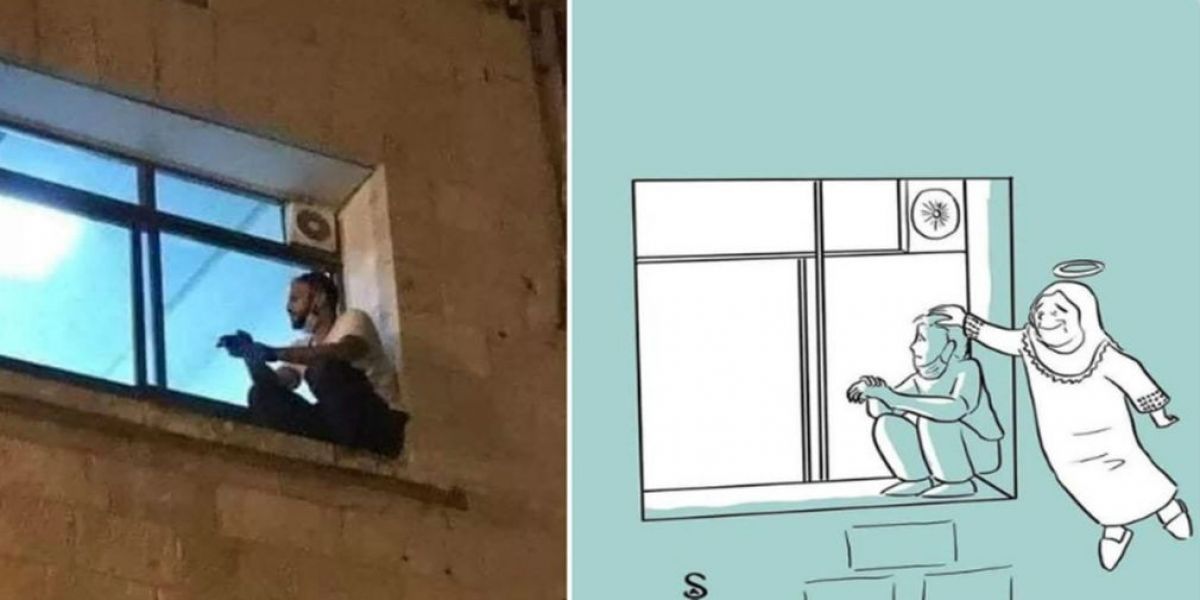 Imagen de Jihad junto a la ventana y caricatura. Cortesía.