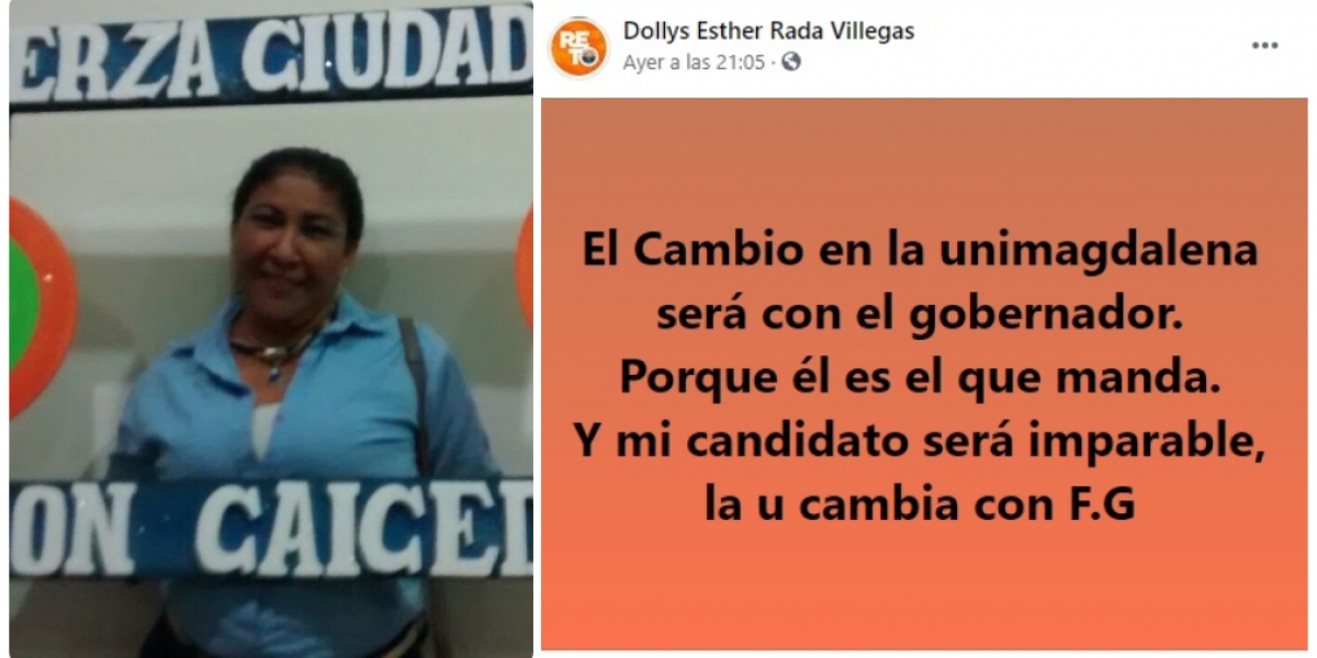 Redes sociales Dollys Rada Villegas promueve reuniones para sumar votos en pro de un candidato a la rectoría de la Unimag.