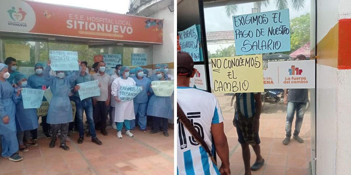 Empleados protestando en la entrada del hospital