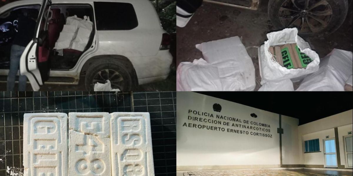 Policía Antinarcóticos La camioneta y la droga incautada.