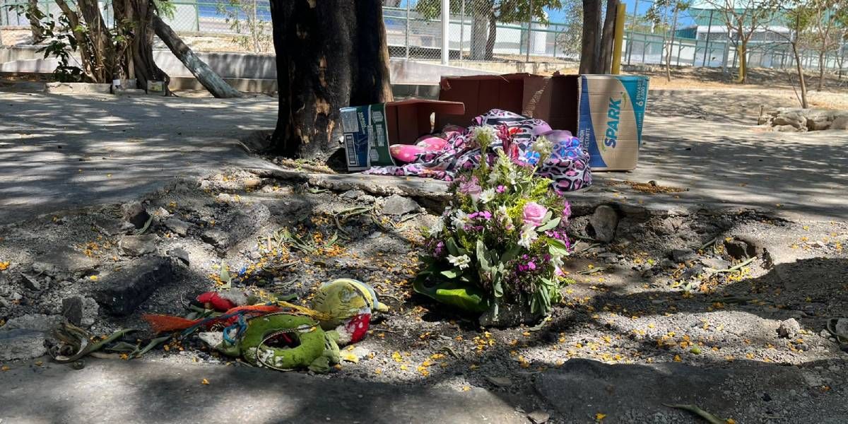 Ofrenda floral en el lugar donde estaba el refugio que fue incinerado.