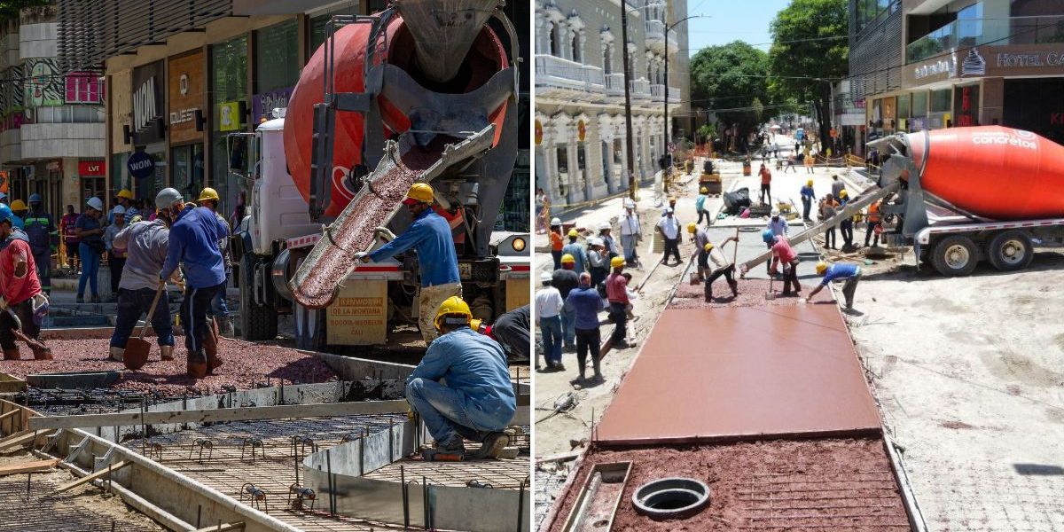 Construcción del pavimento en concreto pigmentado.