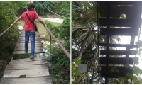 El puente colgante pone en riesgo la vida de los niños que transitan por el sector.