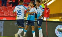 Luis Álvarez Teófilo Gutiérrez, Fabián Sambueza y Luis Díaz, celebrando el empate.