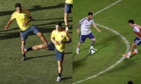 Los jugadores Radamel Falcao (izq) y James Rodríguez (dcha) de la selección de fútbol de Colombia participan en un entrenamiento. En la otra foto Lionel Messi.