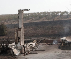 Vista general de los restos de un edificio quemado en la lechería Clover Stornetta, en Sonoma, California (EE.UU.).