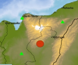 El punto rojo muestra el epicentro del sismo ocurrido esta madrugada en el Cesar.