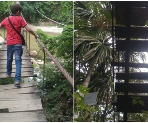 El puente colgante pone en riesgo la vida de los niños que transitan por el sector.