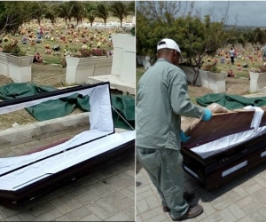 Trabajadores de la funeraria retiran el ataúd averiado.