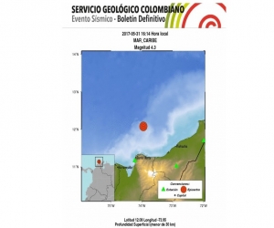 Santa Marta capital más cercana al sismo de 4.3 con epicentro en el Mar Caribe.