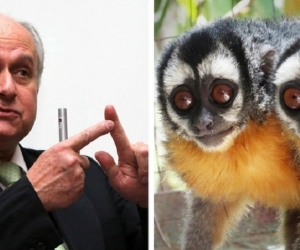 Manuel Elkin Patarroyo y dos ejemplares de monos nocturnos