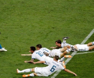 Jugadores rusos celebran la victoria tras el partido España-Rusia.