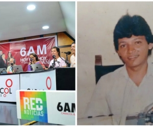 A la izquierda, la última visita del equipo de 6AM de Caracol Radio a Santa Marta. A la derecha, el periodista Agustín Iguarán en la sala de redacción de Caracol en los ochenta. 
