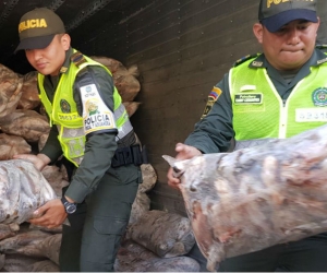 Policias regalando bolsas de pescados.