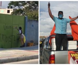 Después de pintar el grafiti, la militante de Fuerza Ciudadana, se subió en una camioneta del movimiento político.