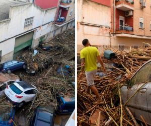 inundaciones, desastre y personas caminando sobre autos tapados. 
