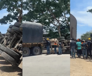 Aparatoso accidente en Gaira: tractomula cargada con palma de aceite terminó volcada