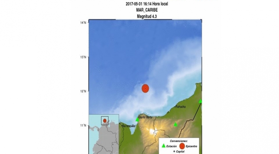 Santa Marta capital más cercana al sismo de 4.3 con epicentro en el Mar Caribe.