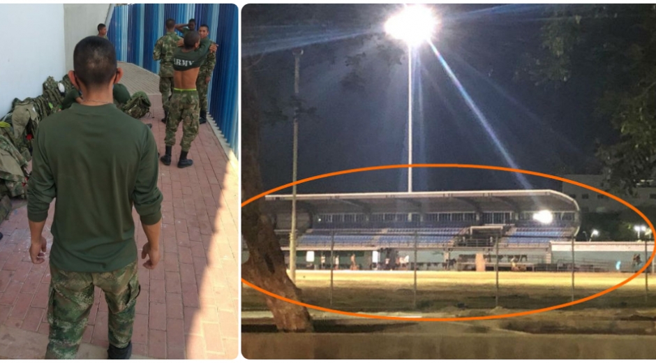 Militares acuartelados en el estadio de béisbol del Polideportivo.
