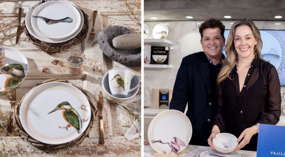 Carlos Vijes, Claudia eelana junto a la colección de vajillas 