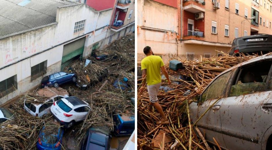 cortesía. inundaciones, desastre y personas caminando sobre autos tapados.