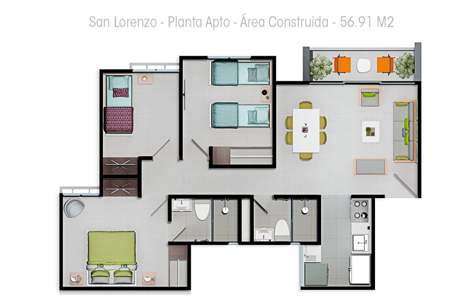 Mipko Constructores Plano de apartamento con un área cercana a los 57 metros cuadrados.