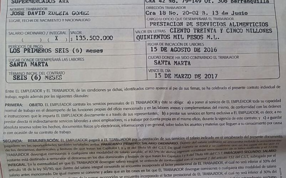 Con este contrato de ARA una de sus víctimas accedió a prestarle el dinero.